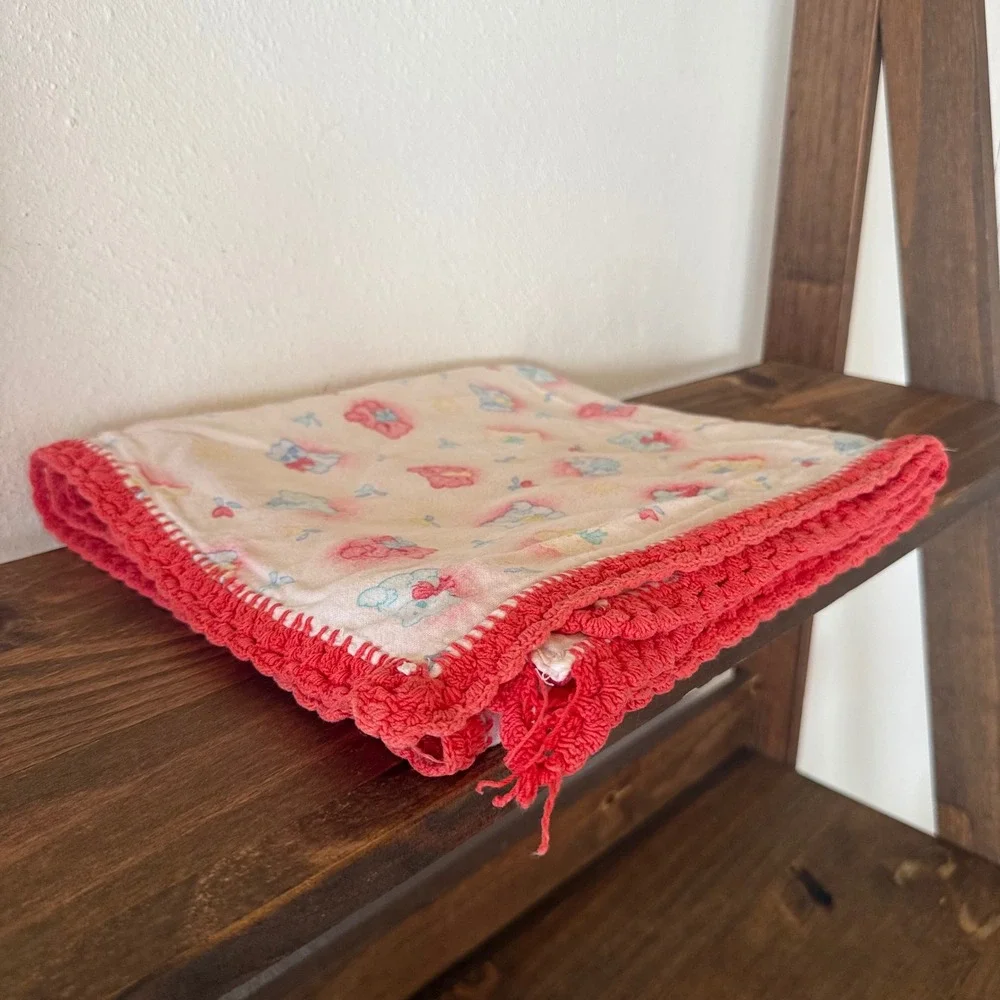 Vintage Baby Blanket Teddy Bear Print Red Crochet Trim 43x40